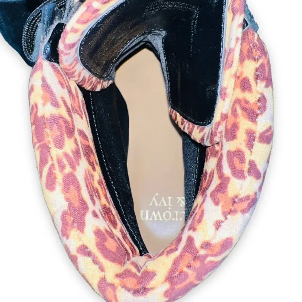 Crown & Ivy June Black‎ Suede / Leopard Ankle Boots Women's 8.5M